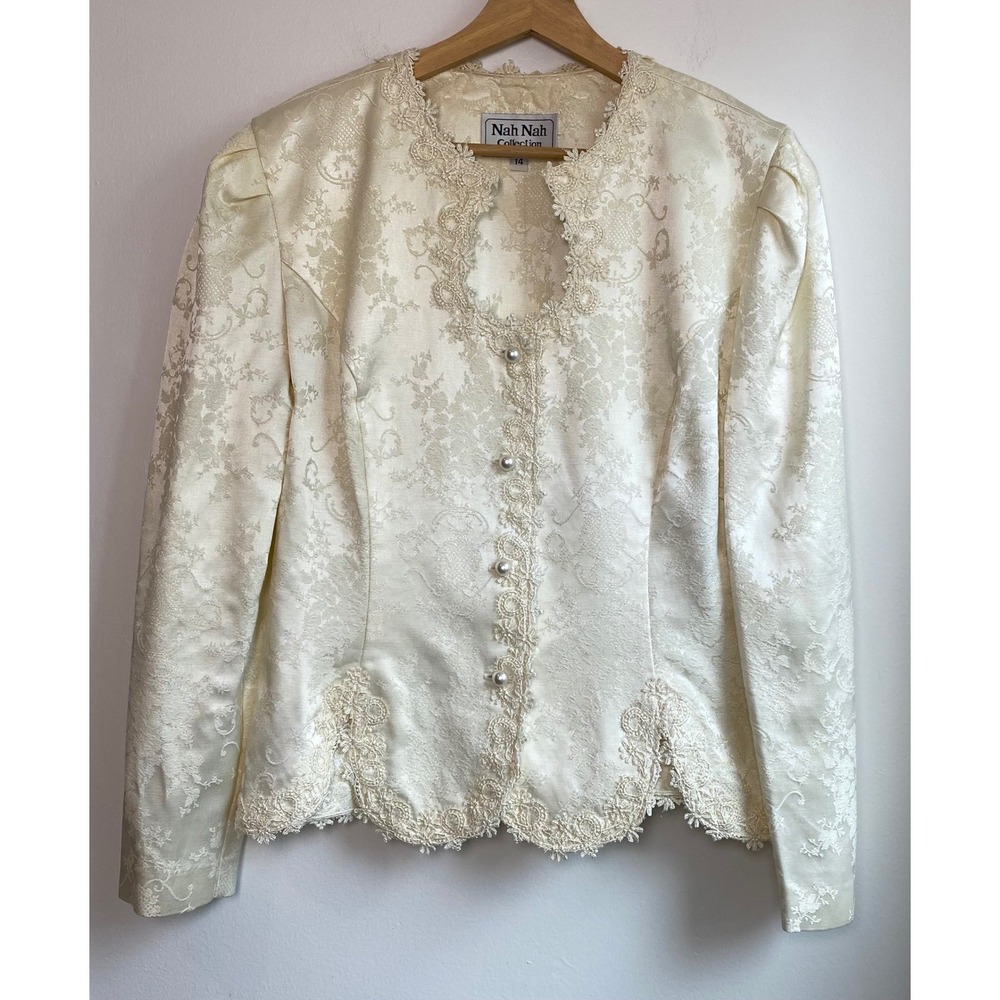 Nah Nah Collection Blazer Jacket Womens 14 Ivory Lace Damask Floral Wedding Chic